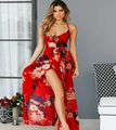 Red floral print maxi dress with spaghetti straps and high side slit for women - S / Dresses / Burgundy
