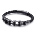 Bracciale in pelle intrecciata nera stile street con catena da bici e chiusura magnetica - Stile Canna di Fucile (KB110109-K)
