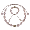Handmade shell necklace and bracelet set with golden charm and beige woven cord - Beige - Shell Set