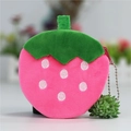 Plush strawberry coin purse in pink with white embroidery and a metal bead chain - Rose Red Strawberry