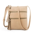 Detail of multi-pocket beige crossbody bag featuring three gold zippers and tassels - Light Khaki