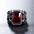 Vintage punk cross ring for men with rectangle red ruby and gothic floral patterns - US 7 / Silver Band Red Gemstone