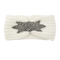 White knitted headband with silver beaded leaf decoration for winter hair styling - Cream