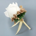 Handmade white silk rose boutonniere with gold berries and cream ribbon detailing - Corsage / No.8 White + Gold