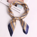 Silk satin square scarf with gold and navy blue V-shaped stripes in a bow knot style - Champagne Gold Plaid