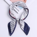 Navy blue satin silk twilly scarf featuring silver geometric patterns and red edges - Red Stripe Plaid Navy