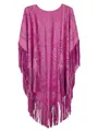 Magenta faux suede tassel poncho with laser-cut geometric patterns and bohemian fringe - Rose Red (83#) / Over 175cm