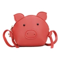 Cute red pig cartoon mini shoulder bag for kids made of leather with zipper and strap - Red