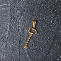 Detailed view of a polished gold-plated key pendant on a dark grey stone surface - H07 Small Key