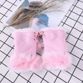 Pink faux rabbit fur fingerless winter gloves for women with cute pom-pom drawstrings - One Size / Pink