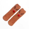 Brown reindeer coral fleece socks with 3D red plush nose and antler decorations - Coffee Moose