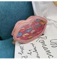Pink sequin lip-shaped crossbody bag with colorful prints and gold metal chain - Pink