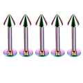 Five rainbow-colored stainless steel labret studs with spike tops on white background - Cone / 1.2*6+3mm / Colorful