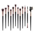12-piece makeup brush set with black handles and rose gold tubes on white background - 12 Brushes / Black Gold