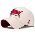 Off-white cotton baseball cap with red 3D embroidery and contrasting red brim accent - Light Beige