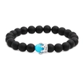 Detail of matte black beads bracelet with light blue opal and silver crown charm - Matte Black And Lake Blue