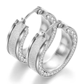 8mm stainless steel hoop earrings with frosted finish and sparkling side rhinestones - Steel