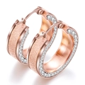 Rose gold stainless steel hoop earrings with frosted texture and sparkling diamonds - Rose Gold