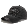 Vintage dark gray washed cotton baseball cap with embroidered text and leather brim detail - Adjustable / All Black