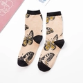 Mittelhohe beige Baumwollsocken mit schwarzen und gelben Schmetterlingsmustern für Damen - Khaki Schmetterling