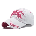Detail of white distressed baseball cap with pink 3D embroidery and hip-hop graffiti - Adjustable / White with Rose Red Letters
