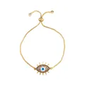 Détail d'un bracelet coulissant œil protecteur doré orné de zircons colorés et chaîne box - Mauvais Œil à Cils/Style C