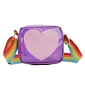 Cute purple laser PU heart crossbody bag for girls with adjustable rainbow strap - Purple