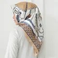 Elegant 90x90cm hijab silk scarf featuring retro chain print and blue bow patterns - #3 Khaki Chain Belt