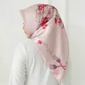 Elegant light pink floral silk satin square bawal hijab with fringe tassels - #5 Pink Tassel Floral