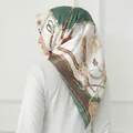 Elegant 90cm bawal square scarf featuring white and green chain horse harness prints - #8 White Green Chain