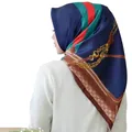 90x90cm navy blue bawal headscarf with gold chains and red-green stripe patterns - #20 Navy Chain Webbing