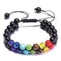 Detail of adjustable double-layer lava stone and seven chakra bead braided bracelet - Seven Chakra Matte Stone Style (款式06)