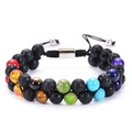 Close-up of double-layer chakra lava stone bracelet with adjustable woven cord - Double Layer Woven Silver Slide Buckle (款式03)