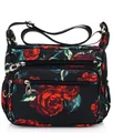 Black nylon crossbody bag with red rose print and multiple functional zipper pockets - 816 Rose Seduction