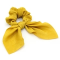 Close-up of bright yellow satin scrunchie featuring a long bunny ear ribbon bow tie - 7# Yellow