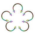 Detailed view of six rainbow stainless steel circular barbells with spiked ends in a flower shape - 1.2*10+3 / Rainbow Spike