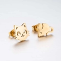 Macro shot of asymmetric gold cat and mouse stud earrings with laser-cut hollow details - Cat & Mouse (177) / Gold
