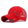 Red breathable mesh sports baseball cap with gray curved brim and printed typography - Adjustable / Red