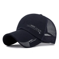 Navy blue breathable mesh baseball cap featuring grey accents and sports fashion text - Adjustable / Navy Blue