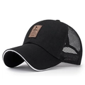 Men's black trucker hat with breathable mesh and brown faux leather patch detail - Black with White Edge