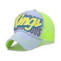 Light blue denim trucker hat with neon green mesh and Kings embroidery detail - Light Blue Denim / Neon Green (Kings Embroidery)