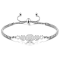 Adjustable stainless steel beaded bracelet with sparkling heart charm and silver finish - Steel