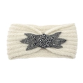 Cream white knitted headband with sparkling beaded flower ornament and ribbed texture - Beige