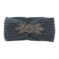 Gestricktes Stirnband in Rauchgrau mit aufwendiger Vintage-Perlenstickerei als Blume - Dunkelgrau