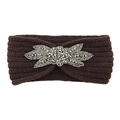 Dunkelbraunes Strickstirnband mit handgefertigten silbernen Strass-Blattmustern und Perlen - Kaffeebraun