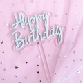 Happy Birthday cake topper in white acrylic on transparent base with pink starry tulle - Blue