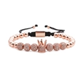 Rose gold crown beaded bracelet with micro-pave zircon spheres and adjustable cord - Rose Gold Crown