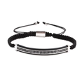 Detail view of woven bracelet with curved silver bar and double row black zircon inlays - White Gold Bar