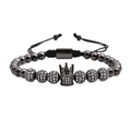 Adjustable gunblack crown bracelet featuring micro-pave zircon balls and metal beads - Gun Black Crown