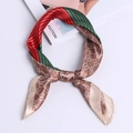 Floral satin silk square scarf with classic red and green stripes for women - Green Stripe Beads Khaki